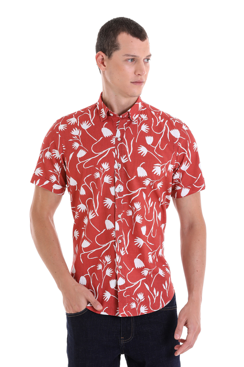Turuncu Comfort Fit Baskılı Düğmeli Yaka 100% Pamuklu Kısa Kollu Casual Gömlek - HTML (1)