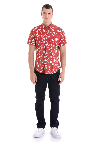 Turuncu Comfort Fit Baskılı Düğmeli Yaka 100% Pamuklu Kısa Kollu Casual Gömlek - 4