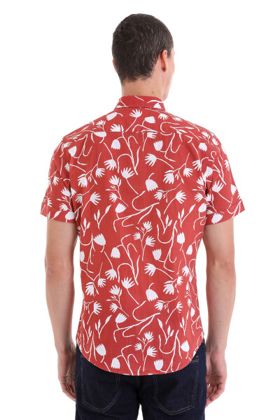 Turuncu Comfort Fit Baskılı Düğmeli Yaka 100% Pamuklu Kısa Kollu Casual Gömlek - 7