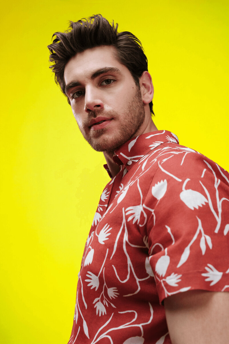 Turuncu Comfort Fit Baskılı Düğmeli Yaka 100% Pamuklu Kısa Kollu Casual Gömlek - HTML