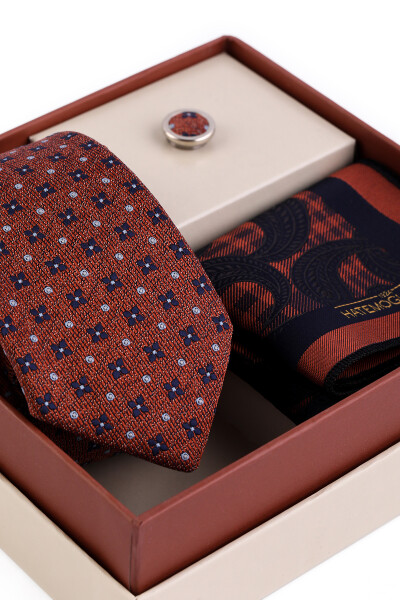 Kiremit Üçlü Yaka Rozeti Kravat Mendil Set - 3