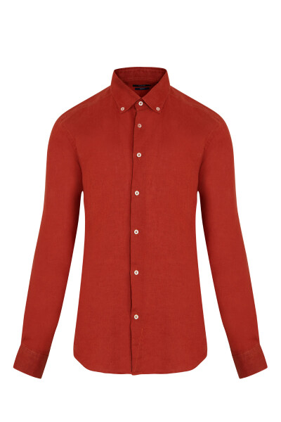 Kiremit Regular Fit 100% Keten Uzun Kol Gömlek - 1