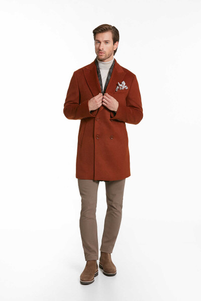 Kiremit Regular Fit Sivri Yaka Kruvaze Yün Palto - 3