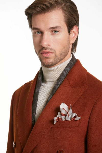 Kiremit Regular Fit Sivri Yaka Kruvaze Yün Palto - 5