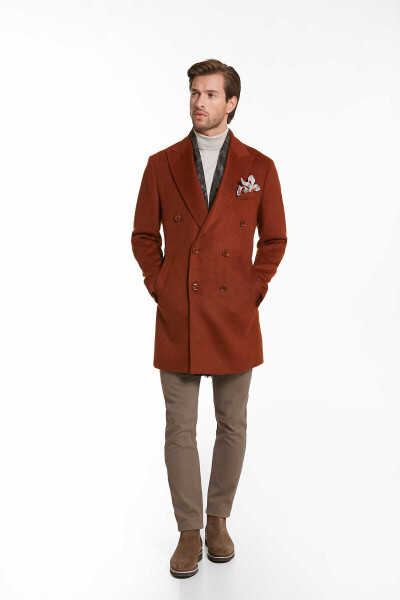 Kiremit Regular Fit Sivri Yaka Kruvaze Yün Palto - 10