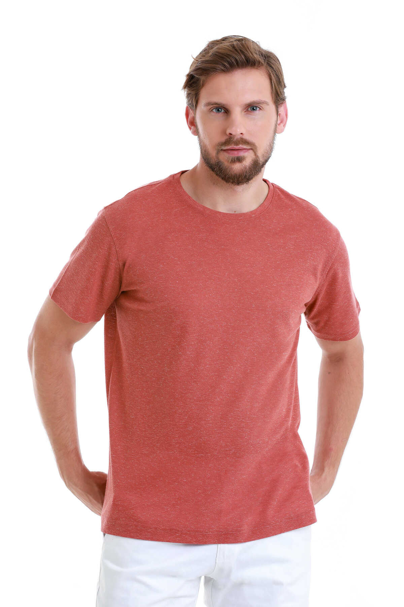 Kiremit Regular Fit Bisiklet Yaka Keten Tişört - HTML