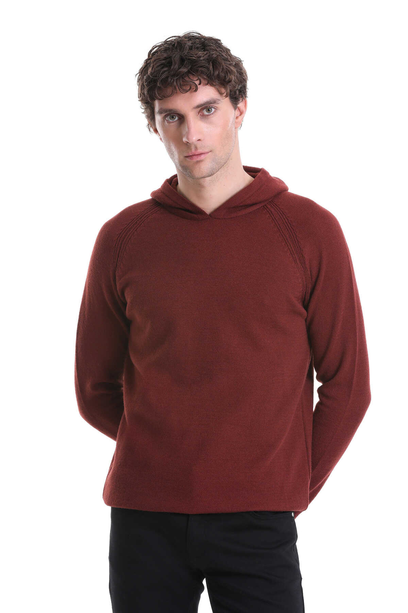 Kiremit Regular Fit Jakarlı Kapüşonlu Kazak - Hatemoğlu