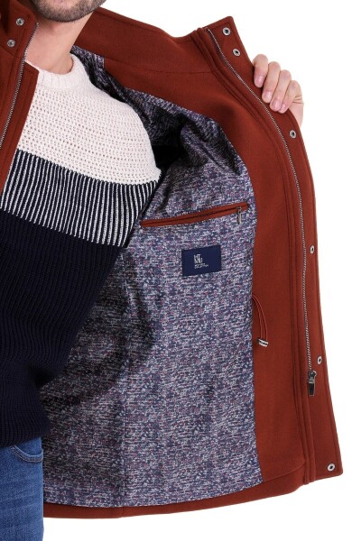 Kiremit Slim Fit Kapüşonlu Yünlü Kaşe Kaban - 13