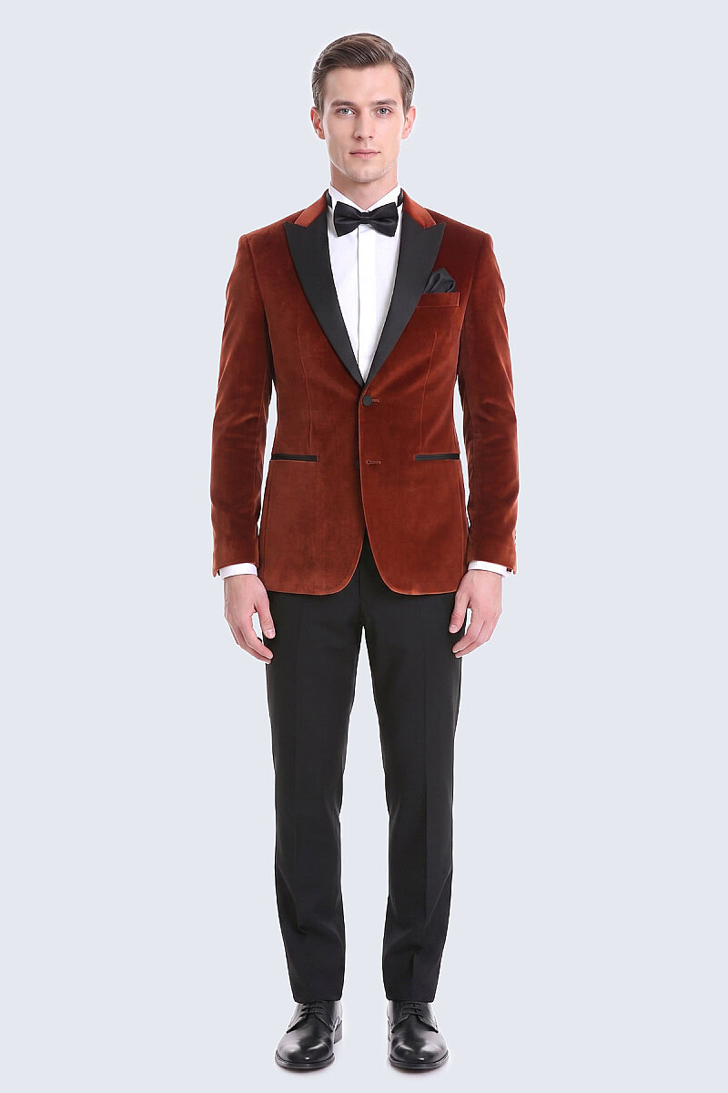 Kiremit Slim Fit Sivri Yaka Kadife Klasik Smokin Damatlık