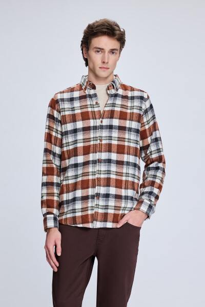 Kiremit Slim Fit Kareli Düğmeli Yaka Uzun Kollu Pamuklu Gömlek 