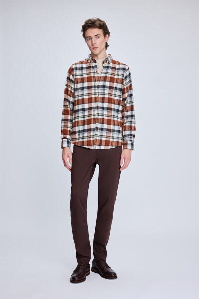 Kiremit Slim Fit Kareli Düğmeli Yaka Uzun Kollu Pamuklu Gömlek - 2