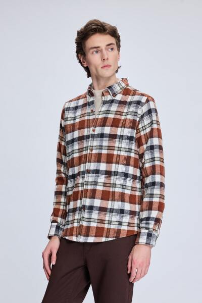 Kiremit Slim Fit Kareli Düğmeli Yaka Uzun Kollu Pamuklu Gömlek - 3