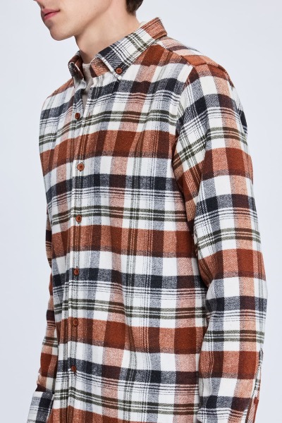 Kiremit Slim Fit Kareli Düğmeli Yaka Uzun Kollu Pamuklu Gömlek - 4