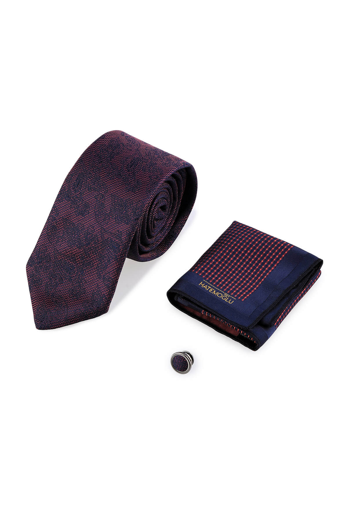 Kiremit Üçlü Yaka Rozeti Kravat Mendil Set - 1