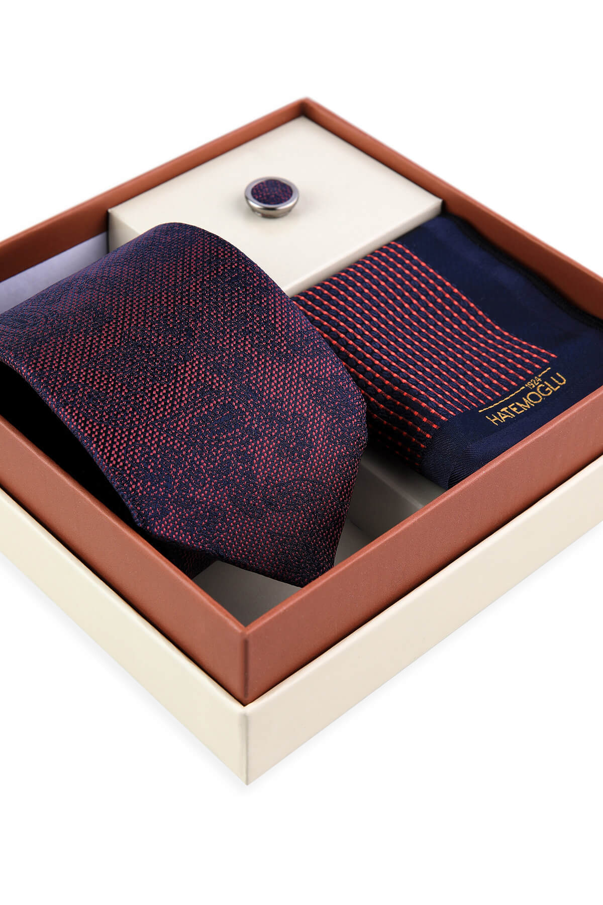 Kiremit Üçlü Yaka Rozeti Kravat Mendil Set - 3