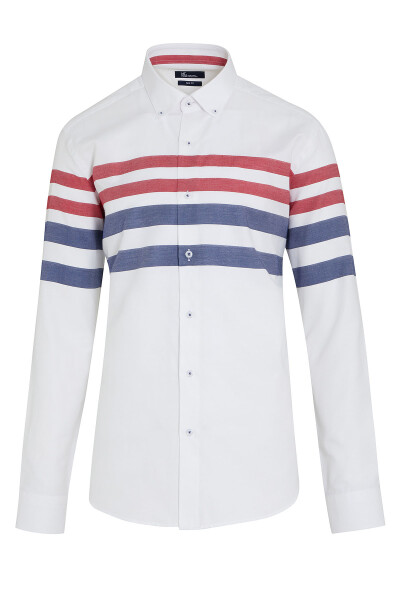 Kırmızı Dinamik Fit Uzun Kol Pamuklu Çizgili Gömlek - 4