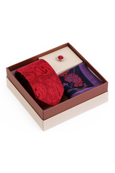 Kırmızı Üçlü Yaka Rozeti Kravat Mendil Set - 3