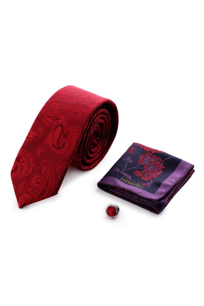 Kırmızı Üçlü Yaka Rozeti Kravat Mendil Set - 2