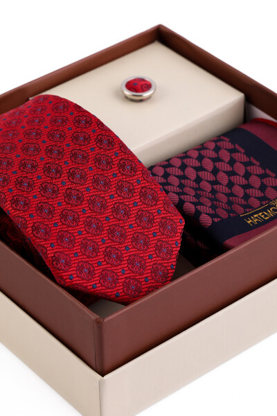 Kırmızı Üçlü Yaka Rozeti Kravat Mendil Set - 5