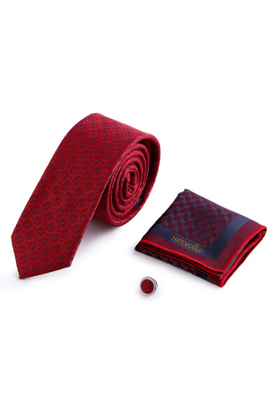 Kırmızı Üçlü Yaka Rozeti Kravat Mendil Set - 2