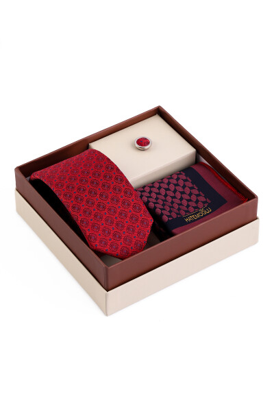Kırmızı Üçlü Yaka Rozeti Kravat Mendil Set - 4