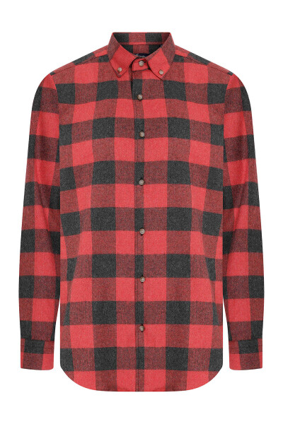 Kırmızı Slim Fit Kareli Pamuklu Uzun Kol Gömlek - 11