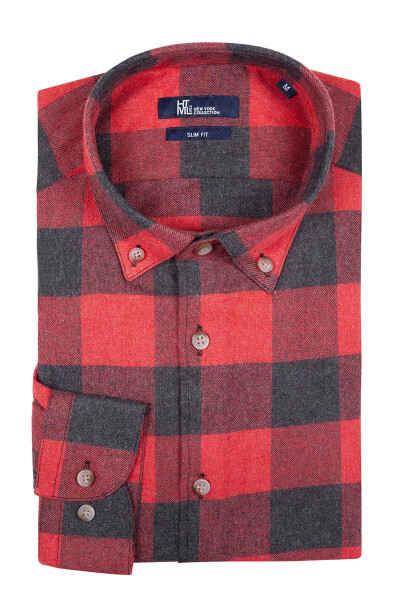 Kırmızı Slim Fit Kareli Pamuklu Uzun Kol Gömlek - 16