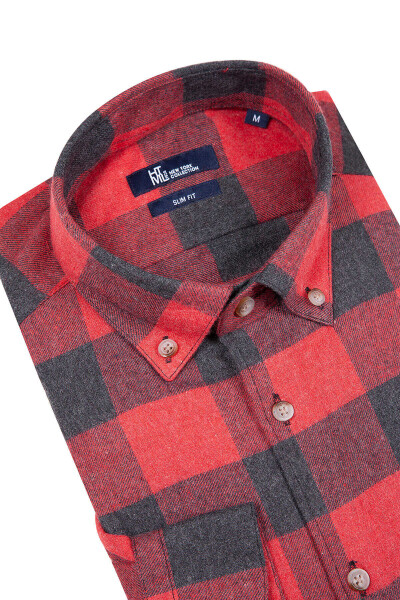 Kırmızı Slim Fit Kareli Pamuklu Uzun Kol Gömlek - 17