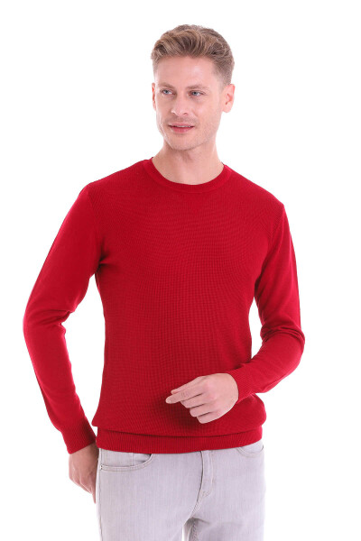 Kırmızı Comfort Fit Pirinç Örgü Desenli Bisiklet Yaka Yünlü Kazak - Thumbnail