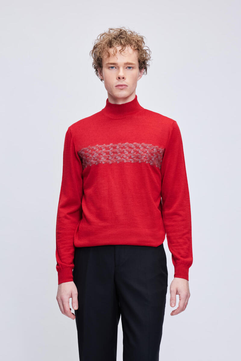Kırmızı Regular Fit Jakarlı Yarım Balıkçı Yaka Yünlü Triko Kazak - Hatem Saykı