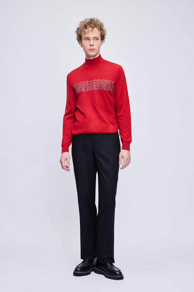 Kırmızı Regular Fit Jakarlı Yarım Balıkçı Yaka Yünlü Triko Kazak - Hatem Saykı (1)