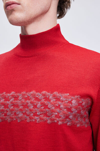 Kırmızı Regular Fit Jakarlı Yarım Balıkçı Yaka Yünlü Triko Kazak - 4
