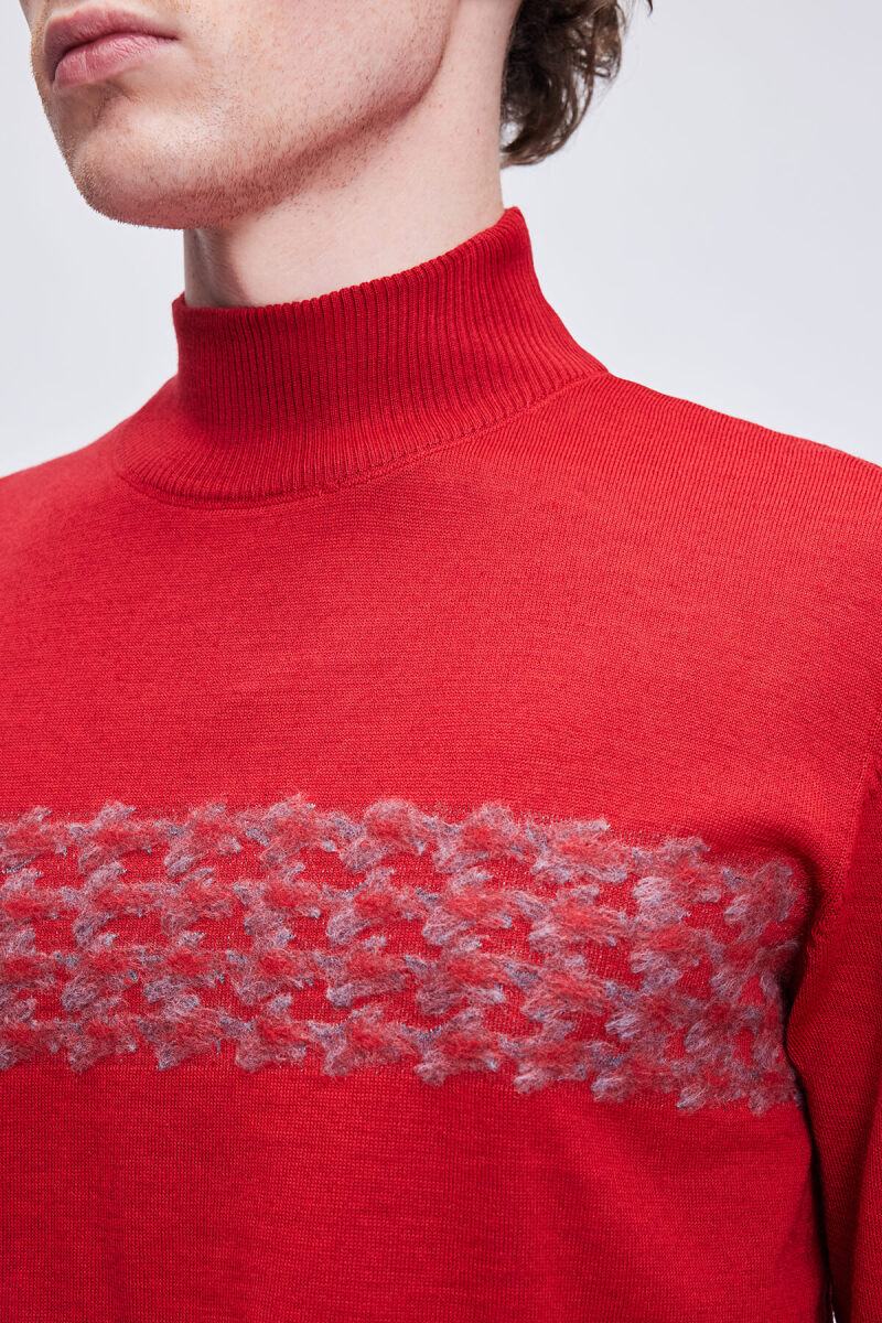 Kırmızı Regular Fit Jakarlı Yarım Balıkçı Yaka Yünlü Triko Kazak - Hatem Saykı (1)