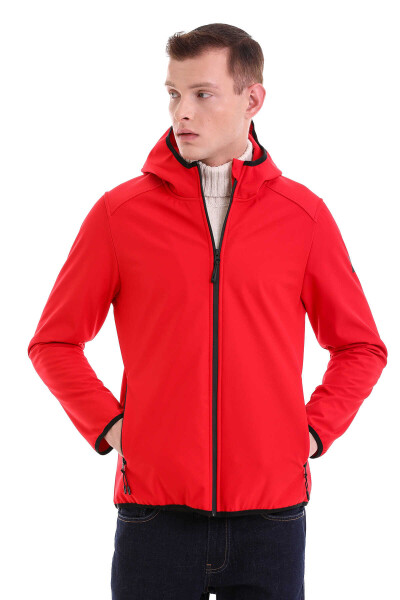 Kırmızı Slim Fit Hakim Yaka Kapüşonlu Polar Mont - 3