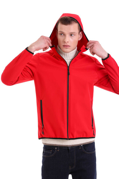 Kırmızı Slim Fit Hakim Yaka Kapüşonlu Polar Mont - 4