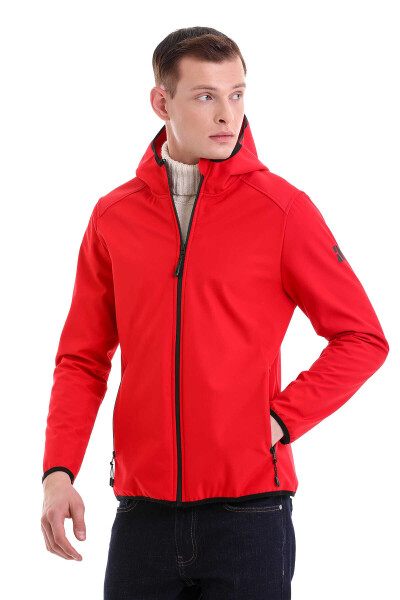 Kırmızı Slim Fit Hakim Yaka Kapüşonlu Polar Mont - 5