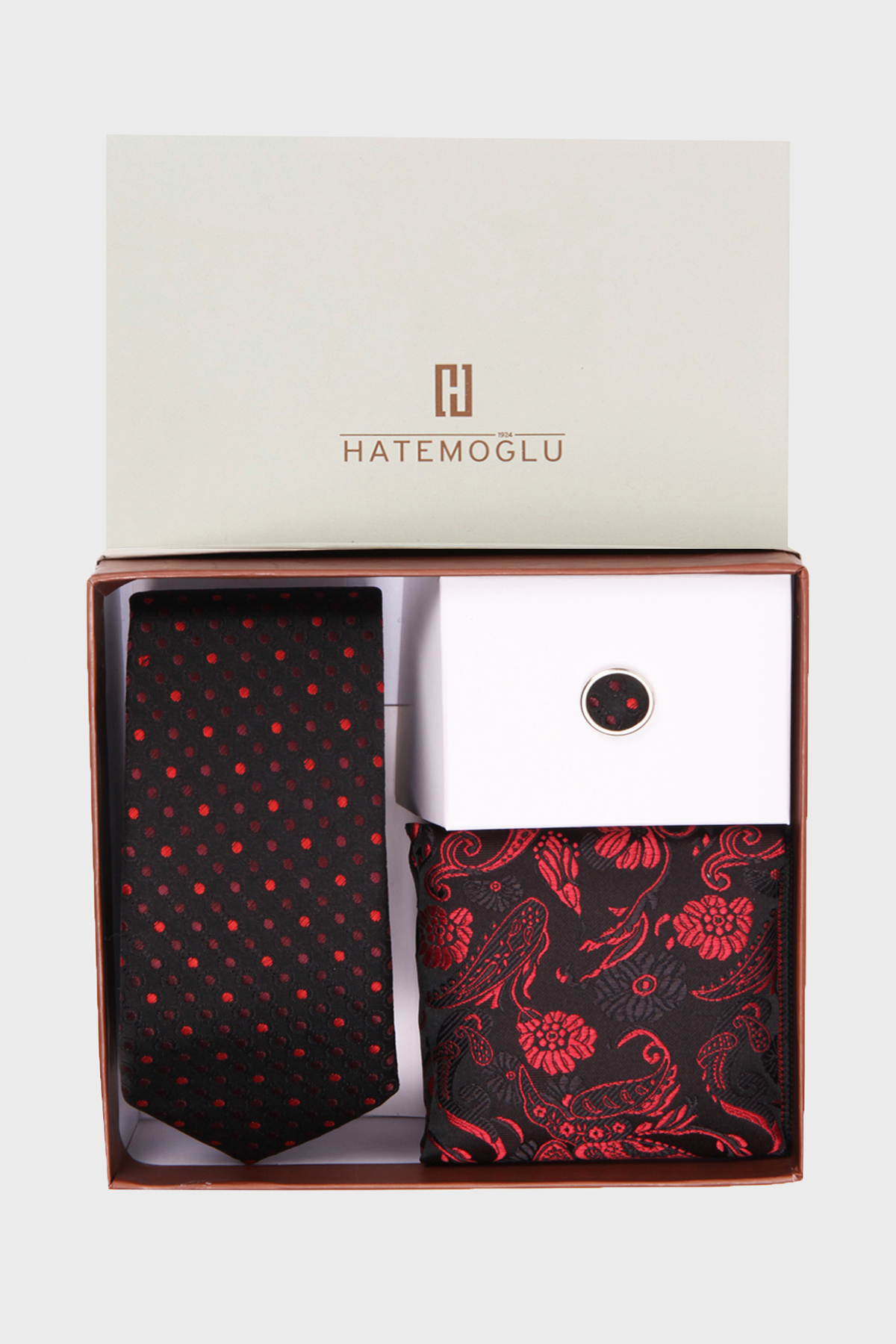 Kırmızı Yaka Pimi Kravat Mendil Set - 2