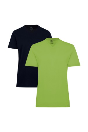 Yeşil ve Lacivert Regular Fit %100 Pamuk V Yaka 2'li Paket Basic Tişört - Thumbnail