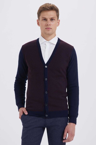 Lacivert - Bordo V Yaka Hırka - 1