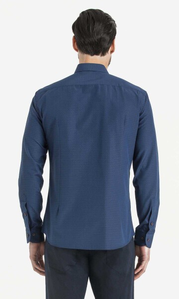 Desenli Slim Fit Lacivert Gömlek - Thumbnail