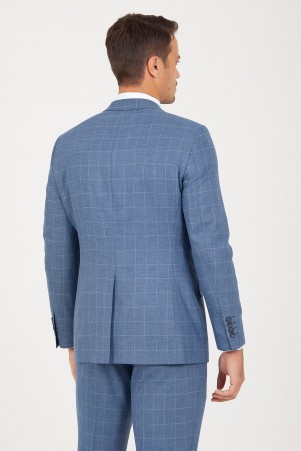 Mavi Slim Fit Kareli Takım Elbise - Thumbnail