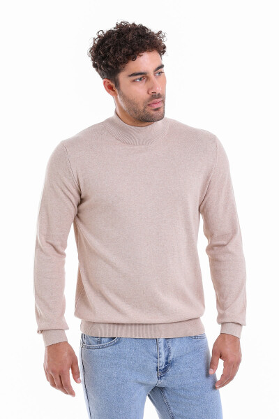 Bej Regular Fit Düz 100% Pamuk Yarım Balıkçı Yaka Triko Kazak - 6