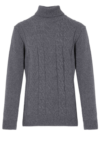 Gri Balıkçı Yaka Desenli Yünlü Triko Kazak - 1