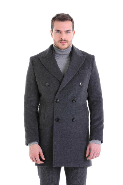 Gri Slim Fit Sivri Yaka Yünlü Kruvaze Kaşe Palto - 3