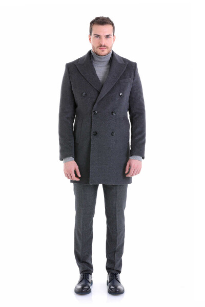 Gri Slim Fit Sivri Yaka Yünlü Kruvaze Kaşe Palto - 7