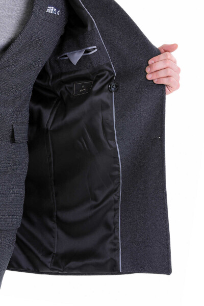 Gri Slim Fit Sivri Yaka Yünlü Kruvaze Kaşe Palto - 11