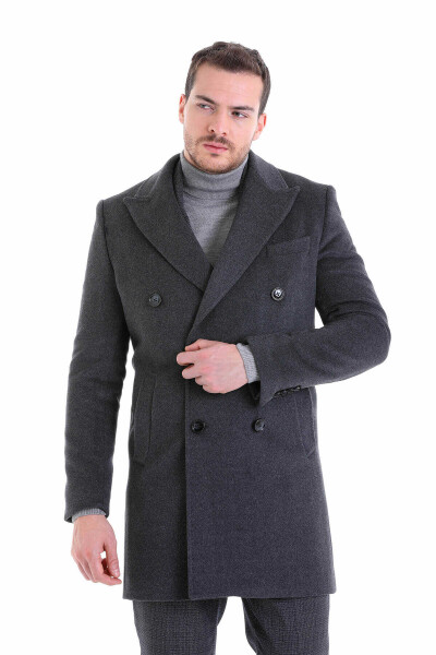 Gri Slim Fit Sivri Yaka Yünlü Kruvaze Kaşe Palto - 2