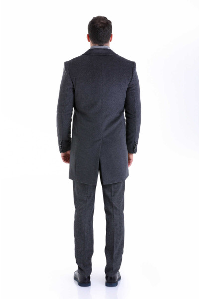 Gri Slim Fit Sivri Yaka Yünlü Kruvaze Kaşe Palto - 14