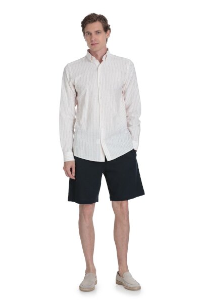 Krem Comfort Fit Çizgili Düğmeli Yaka Pamuk-Keten Uzun Kollu Gömlek - 2