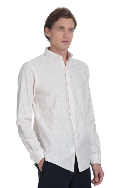 Krem Comfort Fit Çizgili Düğmeli Yaka Pamuk-Keten Uzun Kollu Gömlek - 3